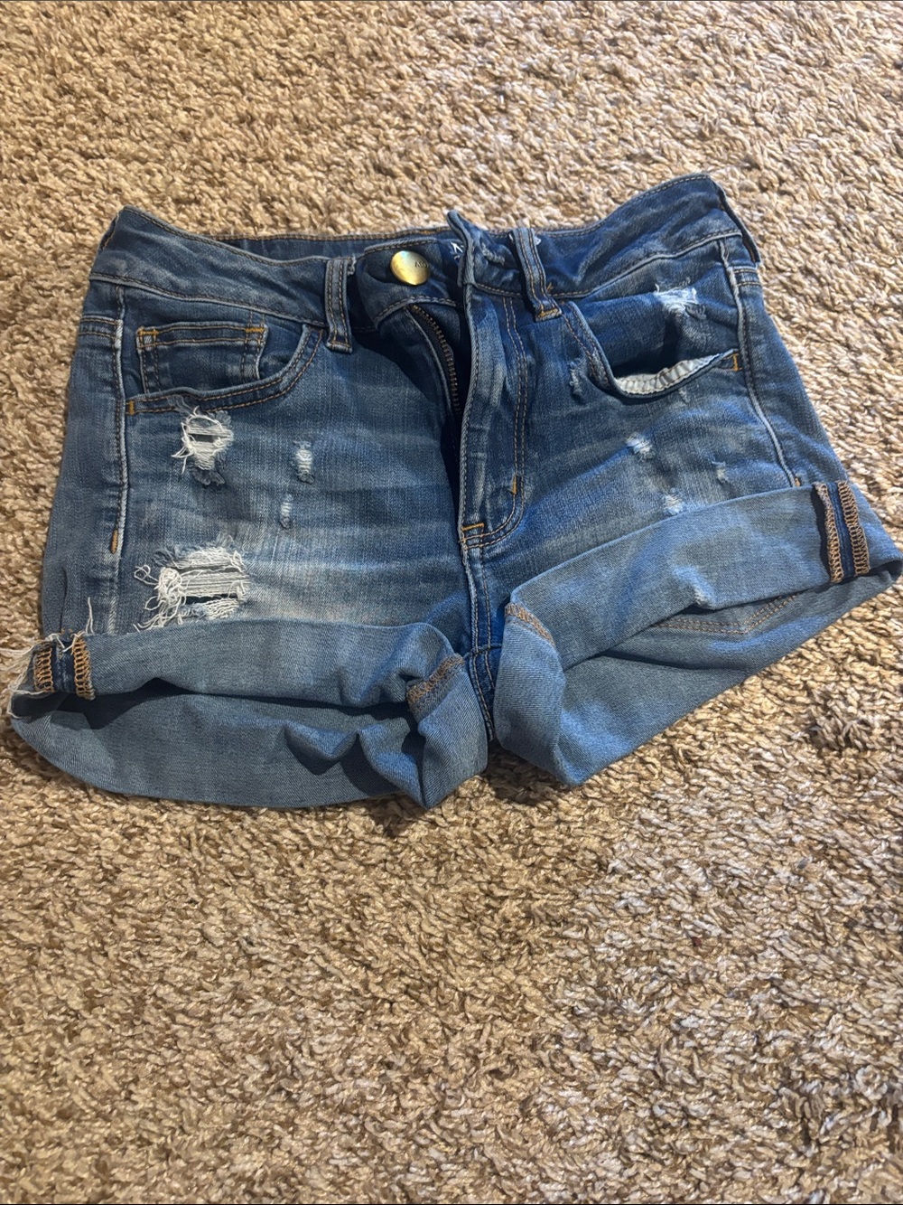 American Eagle Outfitters Distressed Rolled Hem Jean Shorts - Blue